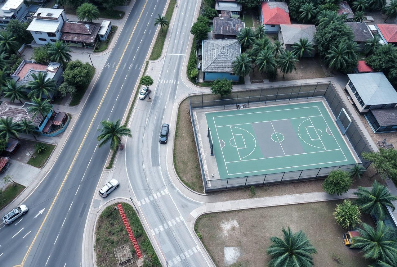 Vista aérea de pavimento rígido y escenario deportivo